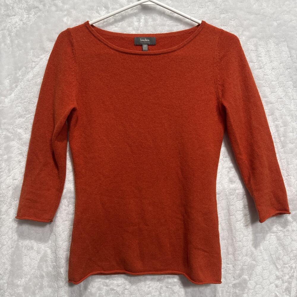 NEIMAN MARCUS Cashmere Sweater Top Womens XS Orange Knit Crew Neck 3/4 Sleeve